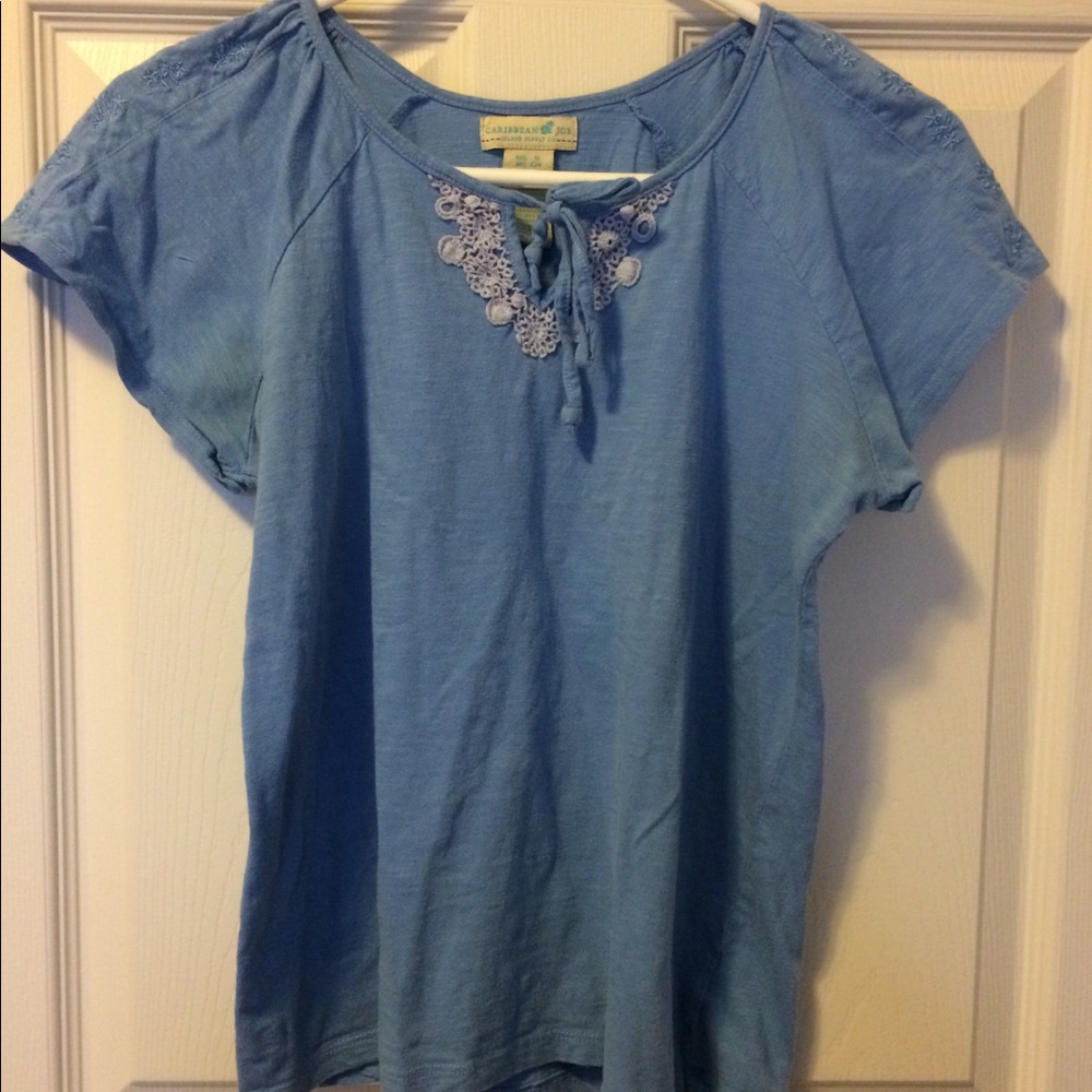 Women’s Blue Peasant-Style Top Crochet Detail Ties